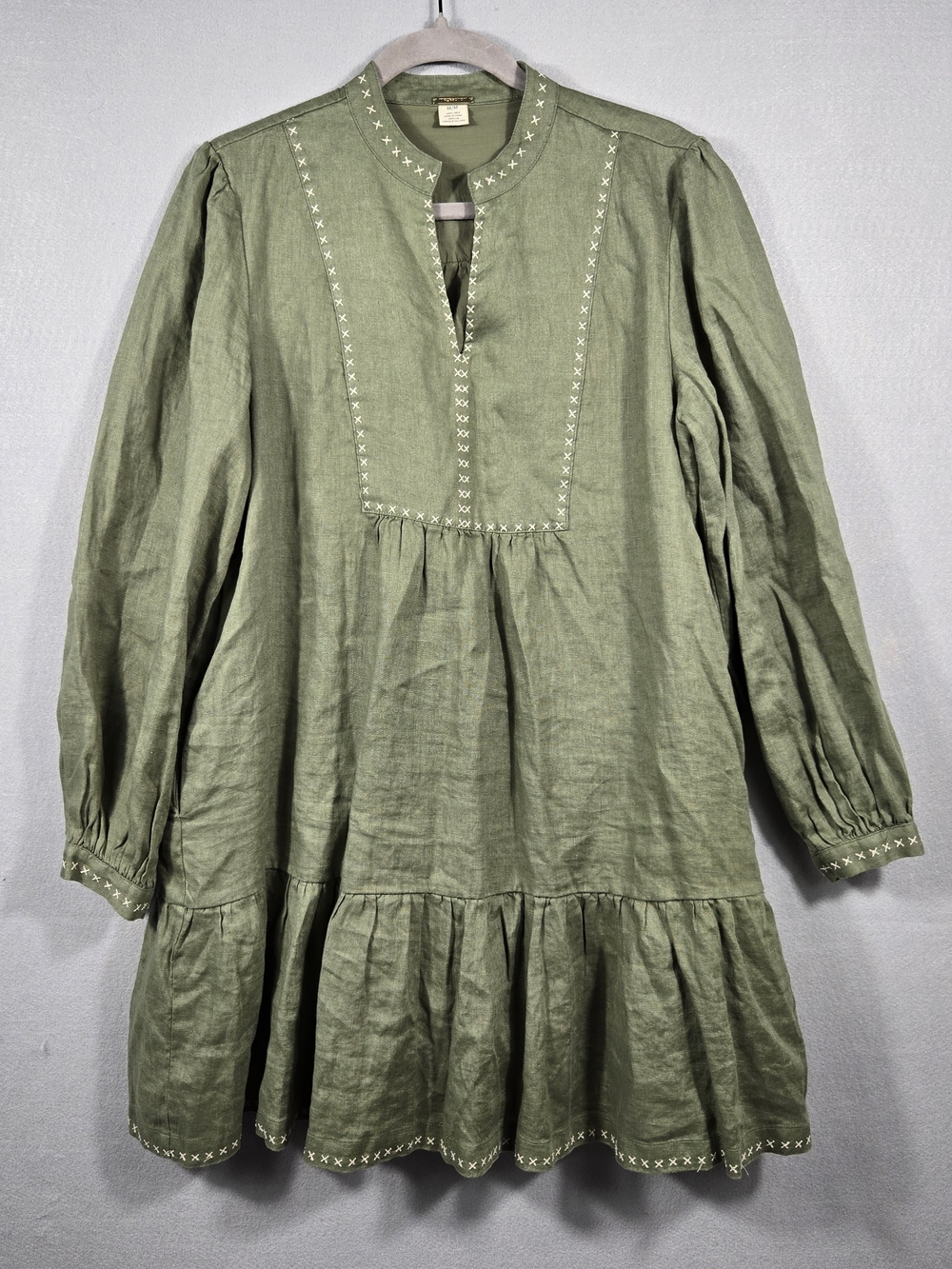 Magaschoni 100% Linen Olive Green Embroidered Tunic Dress